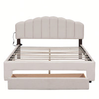 Queen Size Upholstered Platform Bed With Storage Drawer In Beige