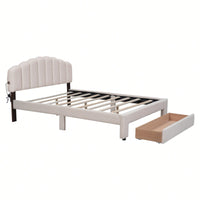 Queen Size Upholstered Platform Bed With Storage Drawer In Beige