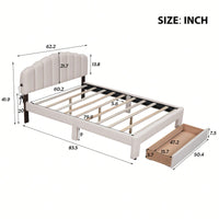 Queen Size Upholstered Platform Bed With Storage Drawer In Beige