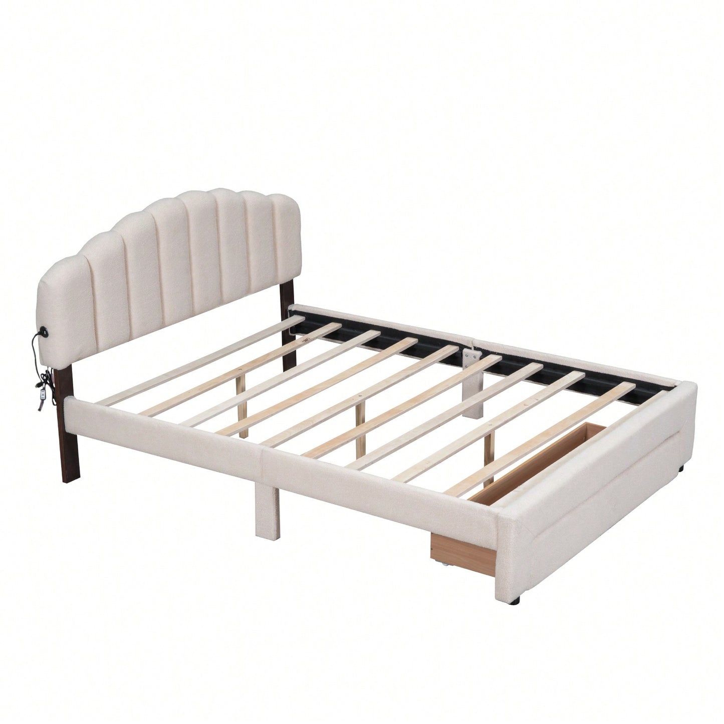 Queen Size Upholstered Platform Bed With Storage Drawer In Beige