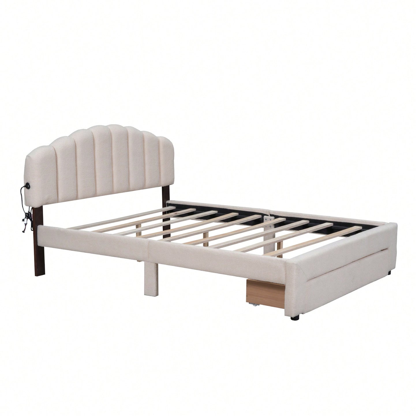 Queen Size Upholstered Platform Bed With Storage Drawer In Beige