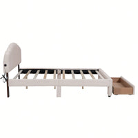 Queen Size Upholstered Platform Bed With Storage Drawer In Beige