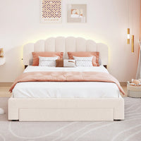 Queen Size Upholstered Platform Bed With Storage Drawer In Beige