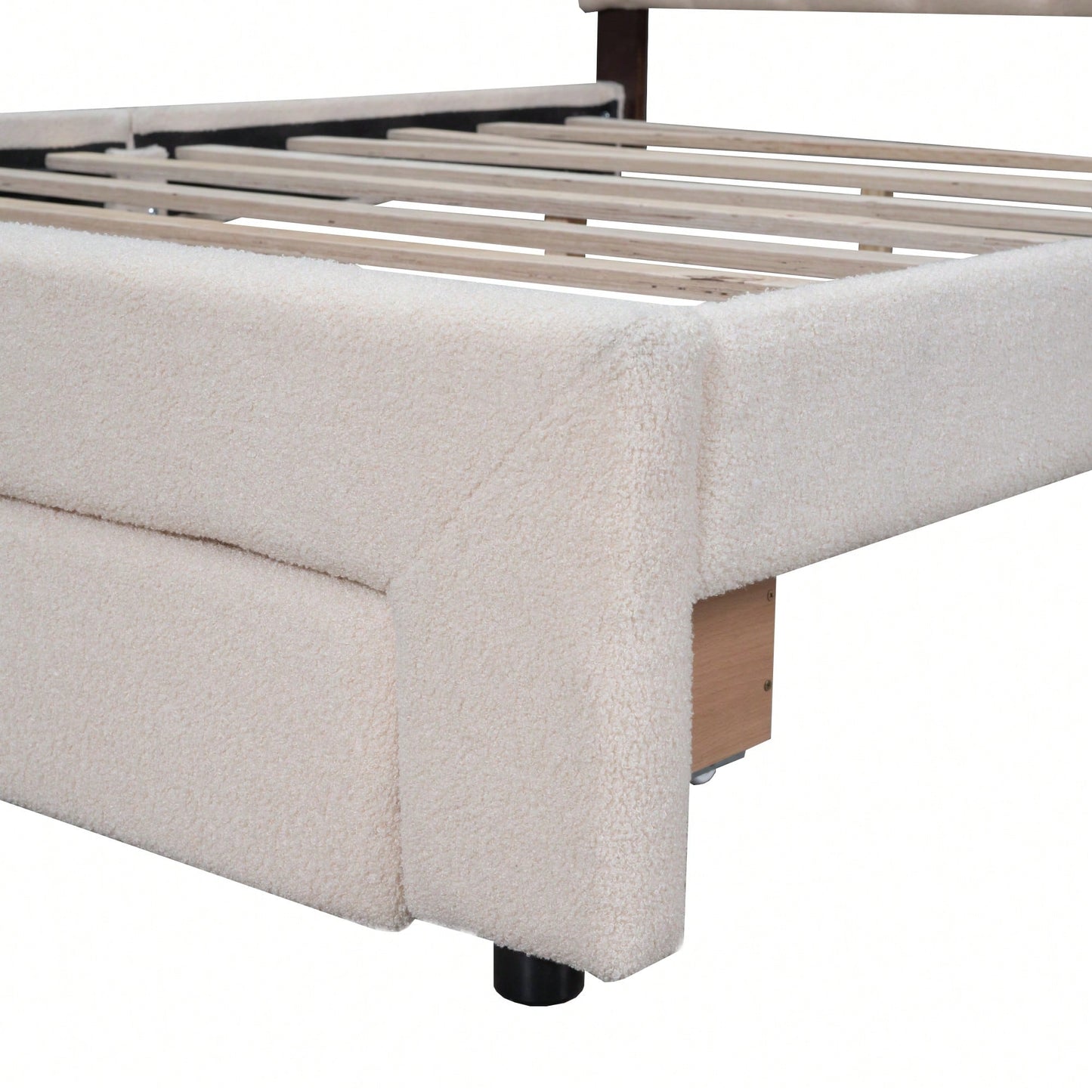 Queen Size Upholstered Platform Bed With Storage Drawer In Beige