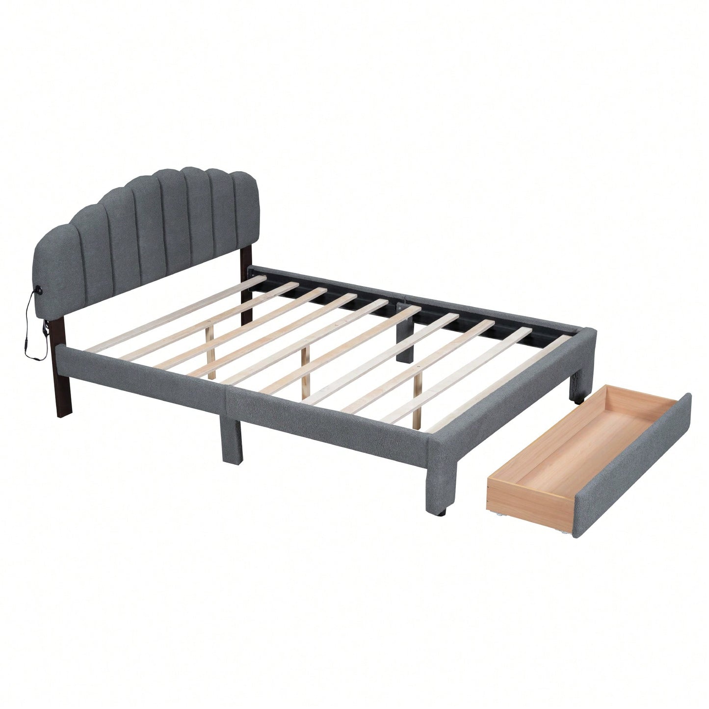 Queen Size Upholstered Platform Bed With Storage Drawer In Beige