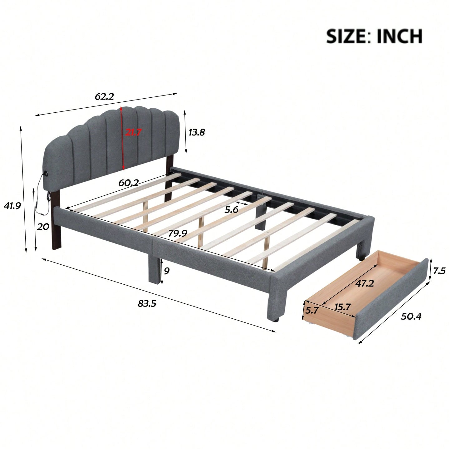 Queen Size Upholstered Platform Bed With Storage Drawer In Beige