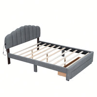 Queen Size Upholstered Platform Bed With Storage Drawer In Beige