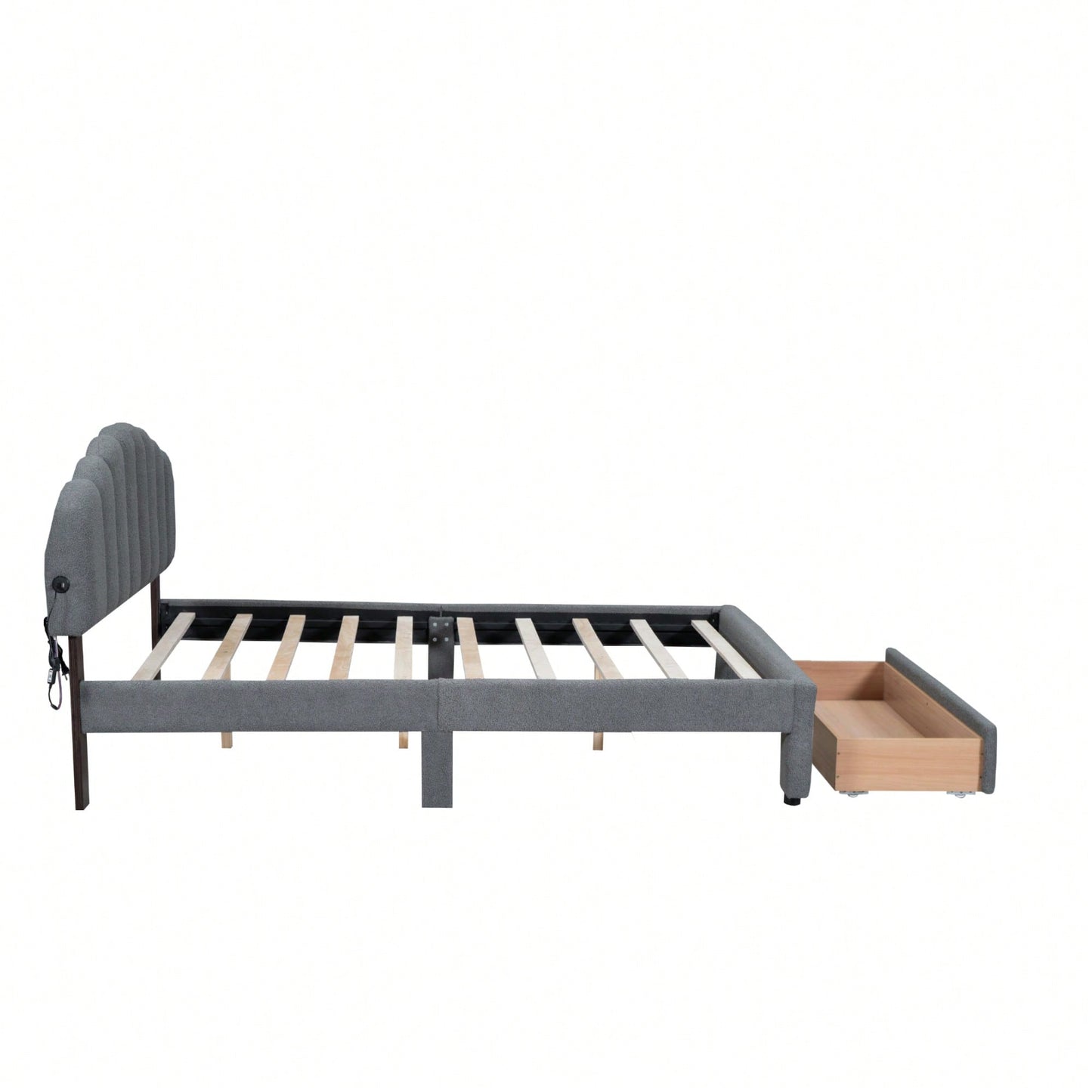 Queen Size Upholstered Platform Bed With Storage Drawer In Beige