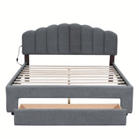 Queen Size Upholstered Platform Bed With Storage Drawer In Beige