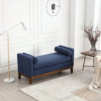 Elegant Navy Upholstered Bench Ottoman With Wood Legs And Bolster Pillows For Bedroom Living Room Entryway 53.5 Inches Wide