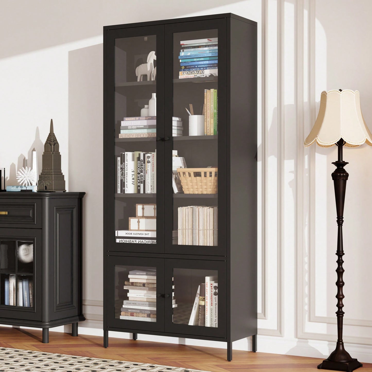 Metal Storage Cabinet With Glass Doors And Shelves For Bedroom Living Room Office Pantry Black Freestanding Display Bookcase