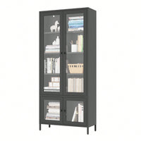 Metal Storage Cabinet With Glass Doors And Shelves For Bedroom Living Room Office Pantry Black Freestanding Display Bookcase