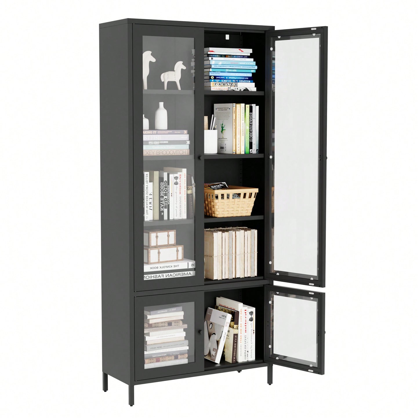 Metal Storage Cabinet With Glass Doors And Shelves For Bedroom Living Room Office Pantry Black Freestanding Display Bookcase