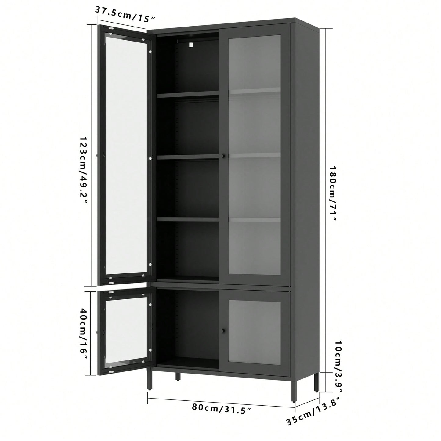 Metal Storage Cabinet With Glass Doors And Shelves For Bedroom Living Room Office Pantry Black Freestanding Display Bookcase