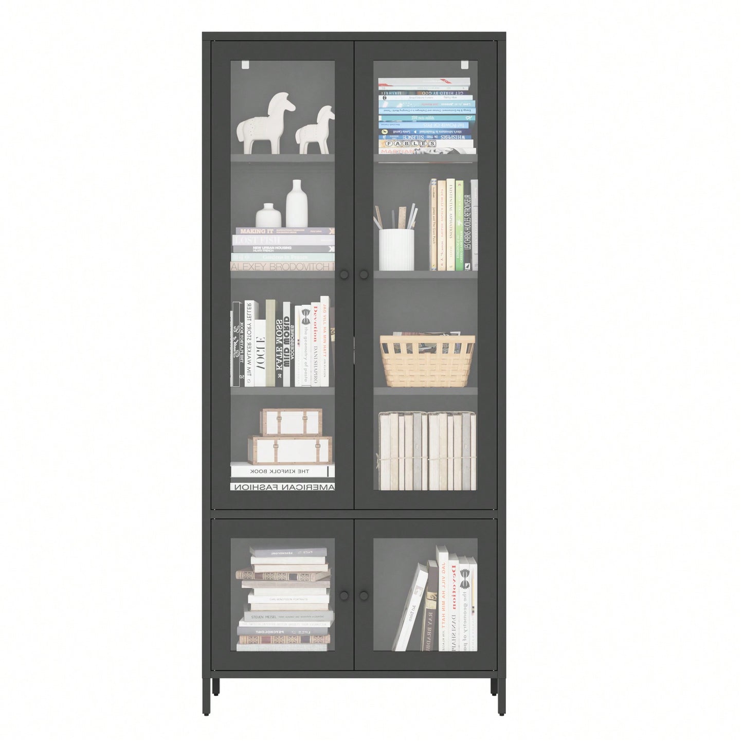 Metal Storage Cabinet With Glass Doors And Shelves For Bedroom Living Room Office Pantry Black Freestanding Display Bookcase