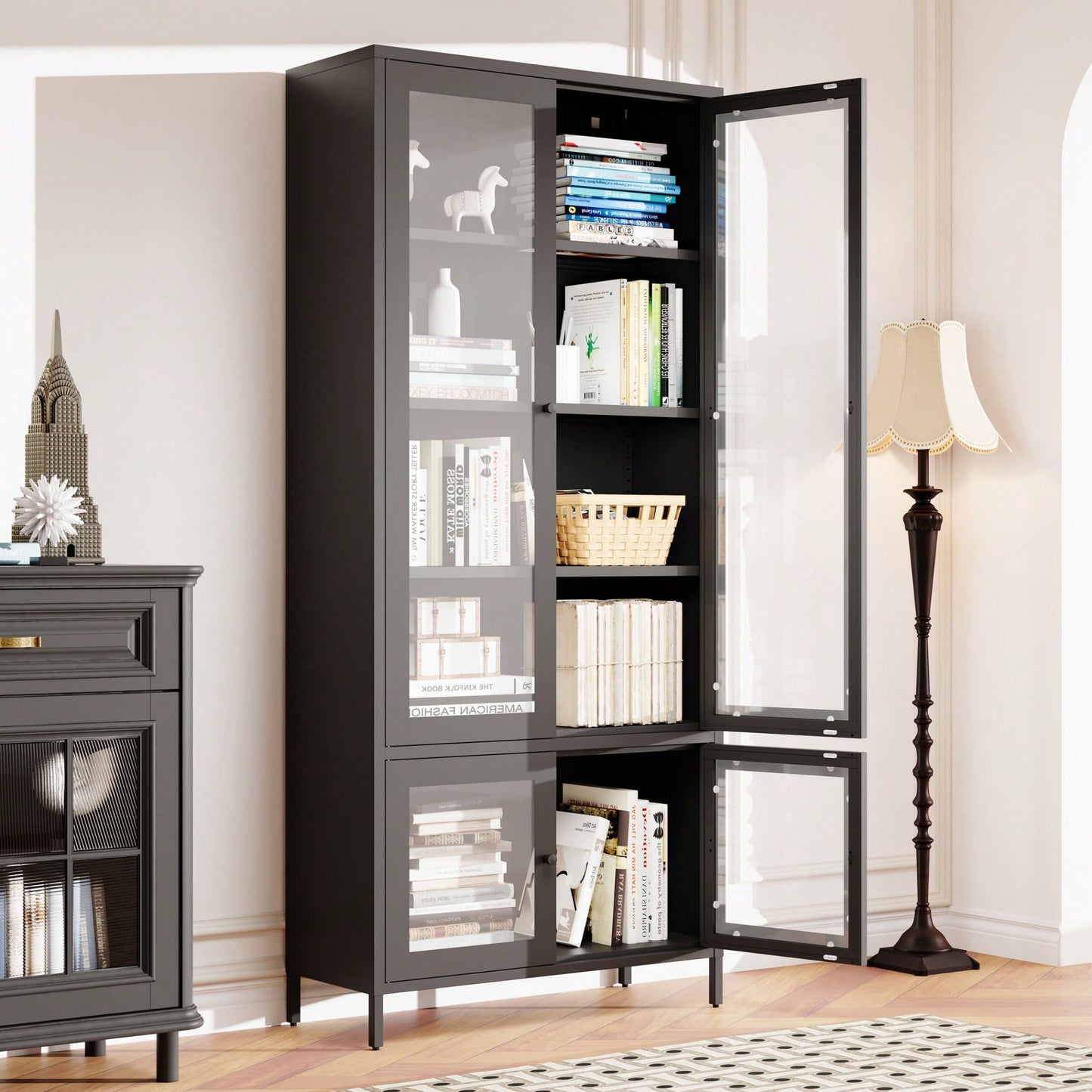 Metal Storage Cabinet With Glass Doors And Shelves For Bedroom Living Room Office Pantry Black Freestanding Display Bookcase