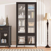 Metal Storage Cabinet With Glass Doors And Shelves For Bedroom Living Room Office Pantry Black Freestanding Display Bookcase