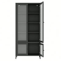 Metal Storage Cabinet With Glass Doors And Shelves For Bedroom Living Room Office Pantry Black Freestanding Display Bookcase