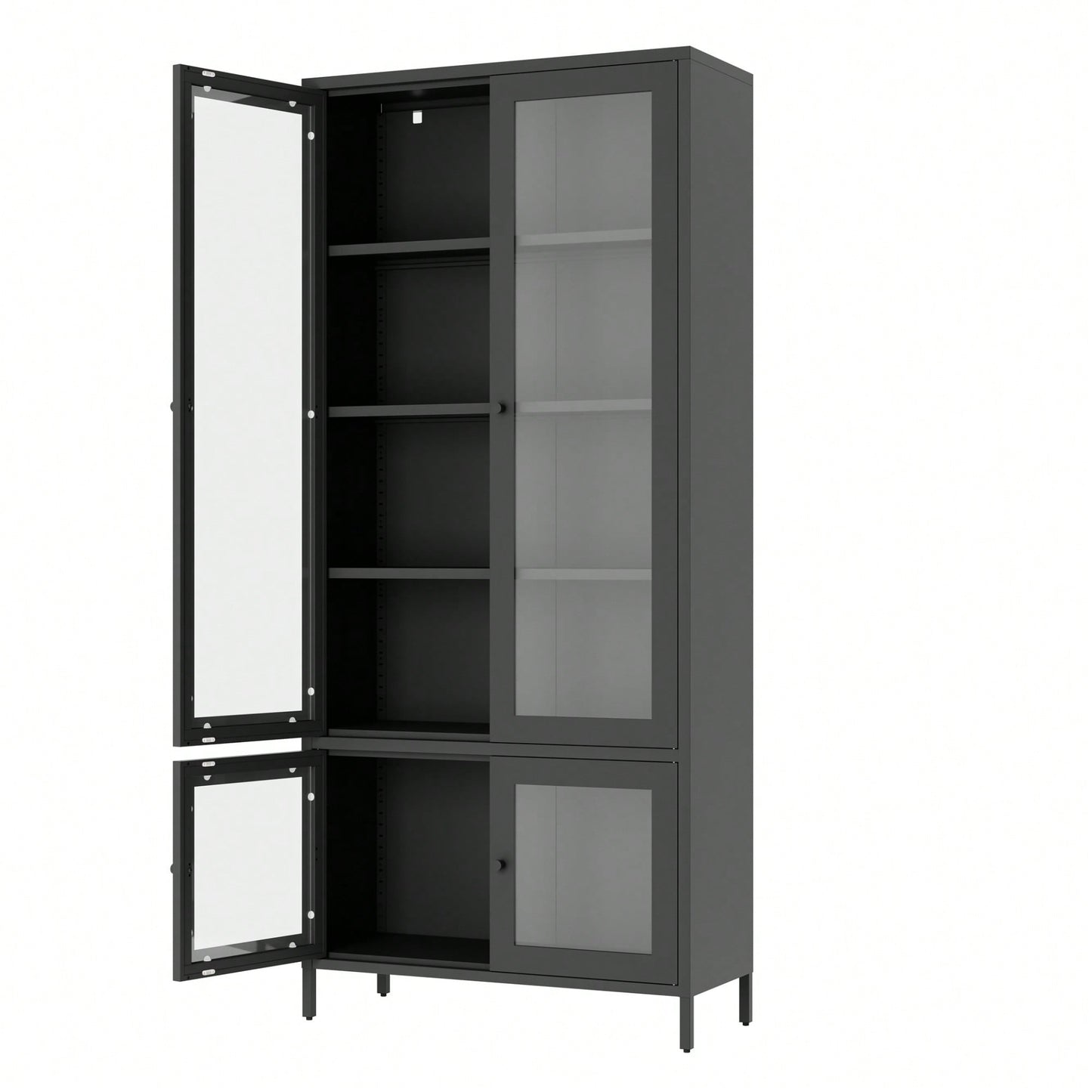 Metal Storage Cabinet With Glass Doors And Shelves For Bedroom Living Room Office Pantry Black Freestanding Display Bookcase