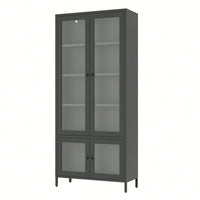 Metal Storage Cabinet With Glass Doors And Shelves For Bedroom Living Room Office Pantry Black Freestanding Display Bookcase