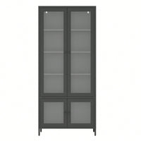 Metal Storage Cabinet With Glass Doors And Shelves For Bedroom Living Room Office Pantry Black Freestanding Display Bookcase