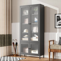 Large Metal Storage Cabinet with 4 Glass Doors and 5 Shelves for Living Room Bedroom Home Office Pantry Black Fluted Glass Display Unit