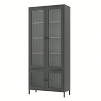 Large Metal Storage Cabinet with 4 Glass Doors and 5 Shelves for Living Room Bedroom Home Office Pantry Black Fluted Glass Display Unit