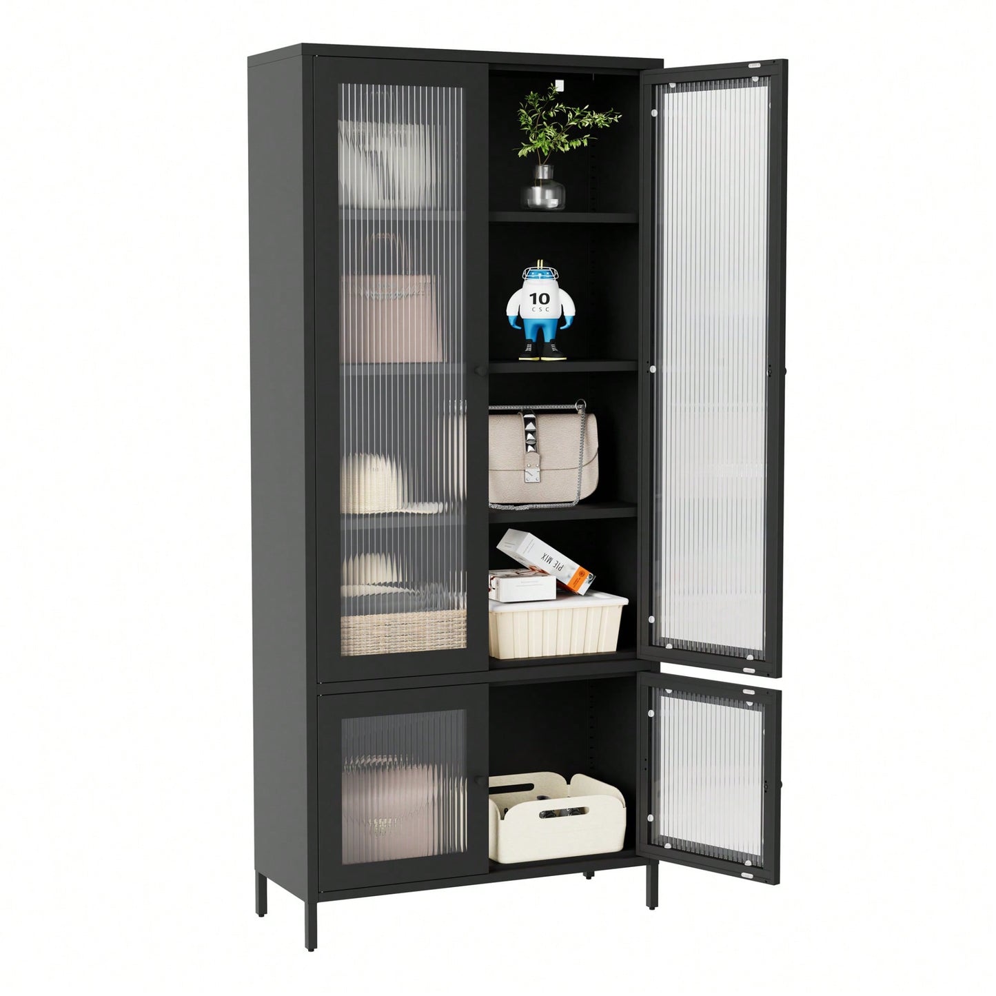 Large Metal Storage Cabinet with 4 Glass Doors and 5 Shelves for Living Room Bedroom Home Office Pantry Black Fluted Glass Display Unit