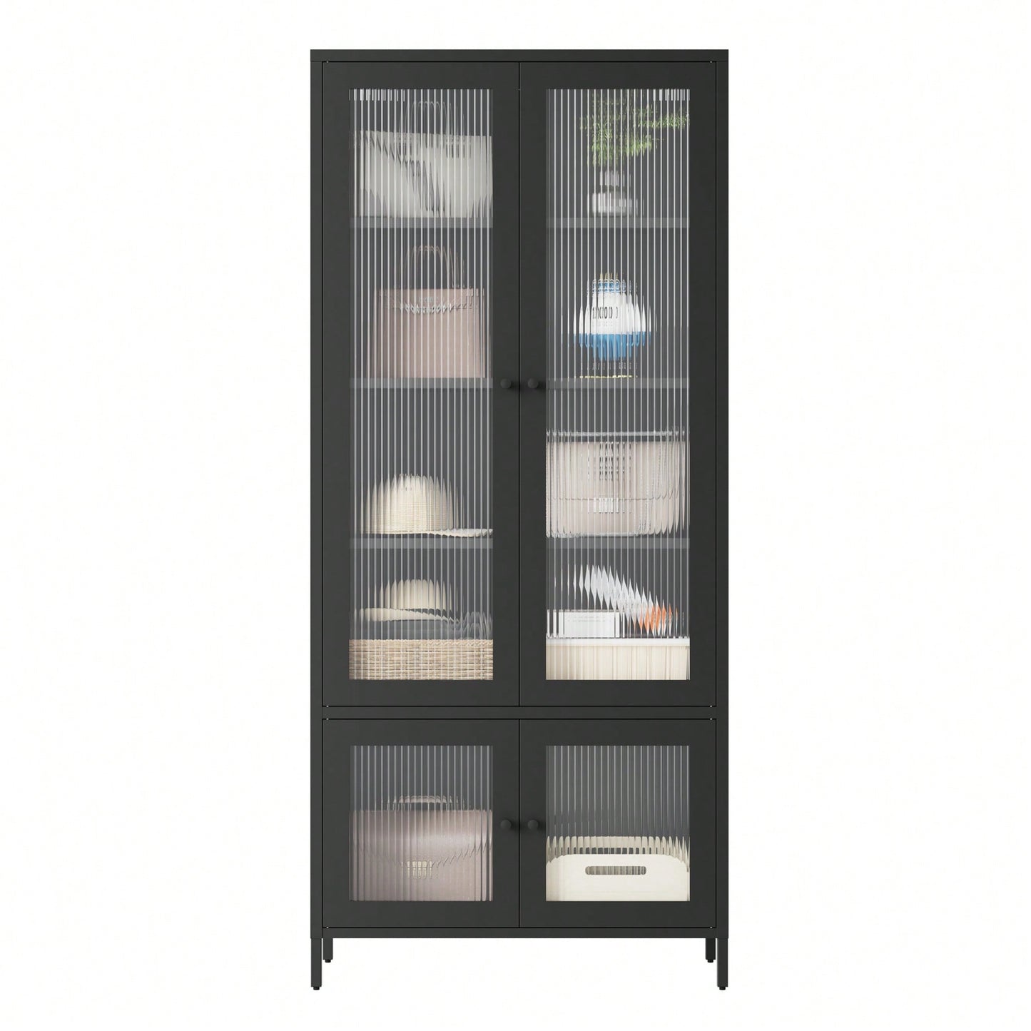 Large Metal Storage Cabinet with 4 Glass Doors and 5 Shelves for Living Room Bedroom Home Office Pantry Black Fluted Glass Display Unit