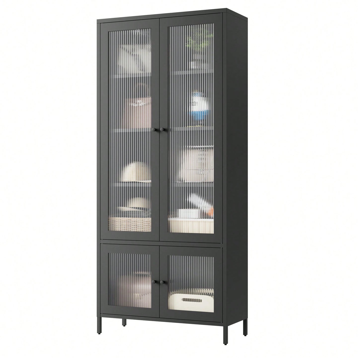 Large Metal Storage Cabinet with 4 Glass Doors and 5 Shelves for Living Room Bedroom Home Office Pantry Black Fluted Glass Display Unit