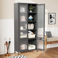 Large Metal Storage Cabinet with 4 Glass Doors and 5 Shelves for Living Room Bedroom Home Office Pantry Black Fluted Glass Display Unit