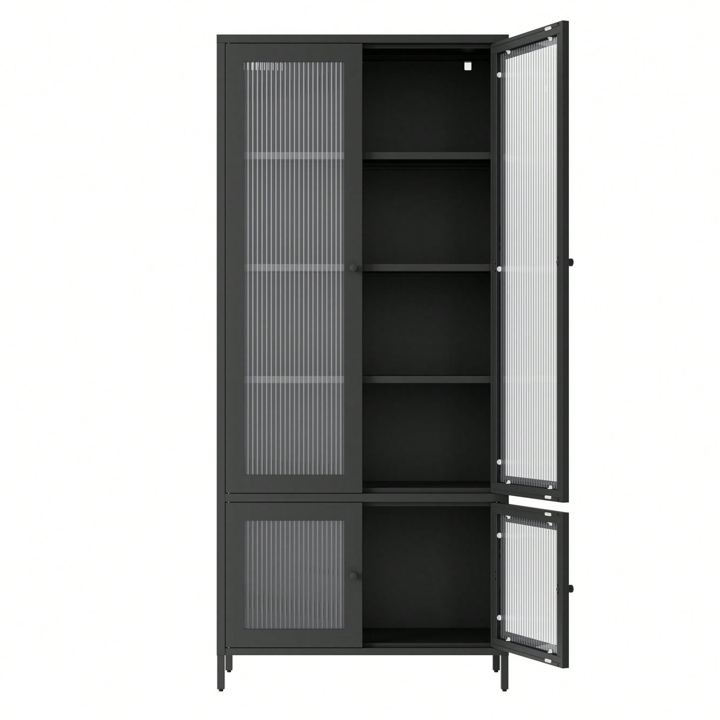 Large Metal Storage Cabinet with 4 Glass Doors and 5 Shelves for Living Room Bedroom Home Office Pantry Black Fluted Glass Display Unit