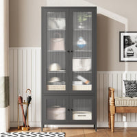 Large Metal Storage Cabinet with 4 Glass Doors and 5 Shelves for Living Room Bedroom Home Office Pantry Black Fluted Glass Display Unit