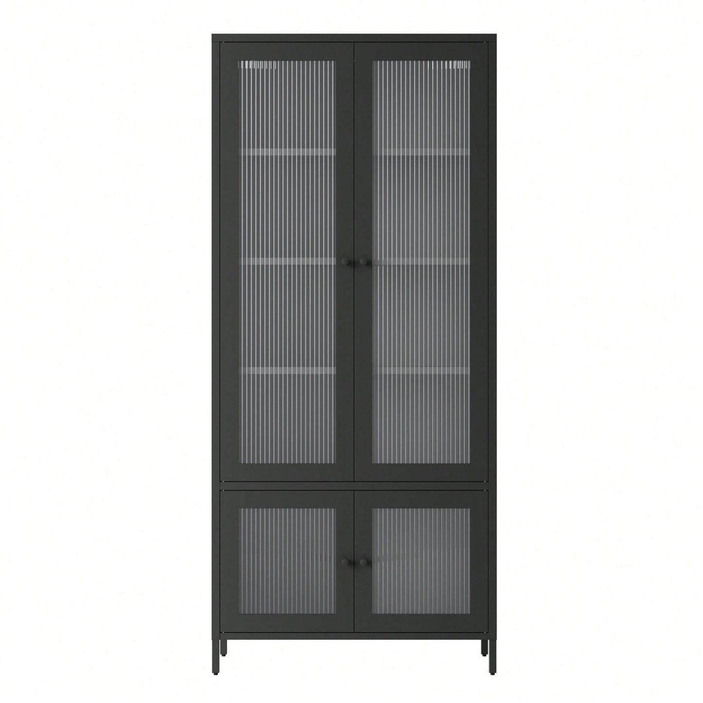 Large Metal Storage Cabinet with 4 Glass Doors and 5 Shelves for Living Room Bedroom Home Office Pantry Black Fluted Glass Display Unit