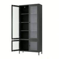 Large Metal Storage Cabinet with 4 Glass Doors and 5 Shelves for Living Room Bedroom Home Office Pantry Black Fluted Glass Display Unit