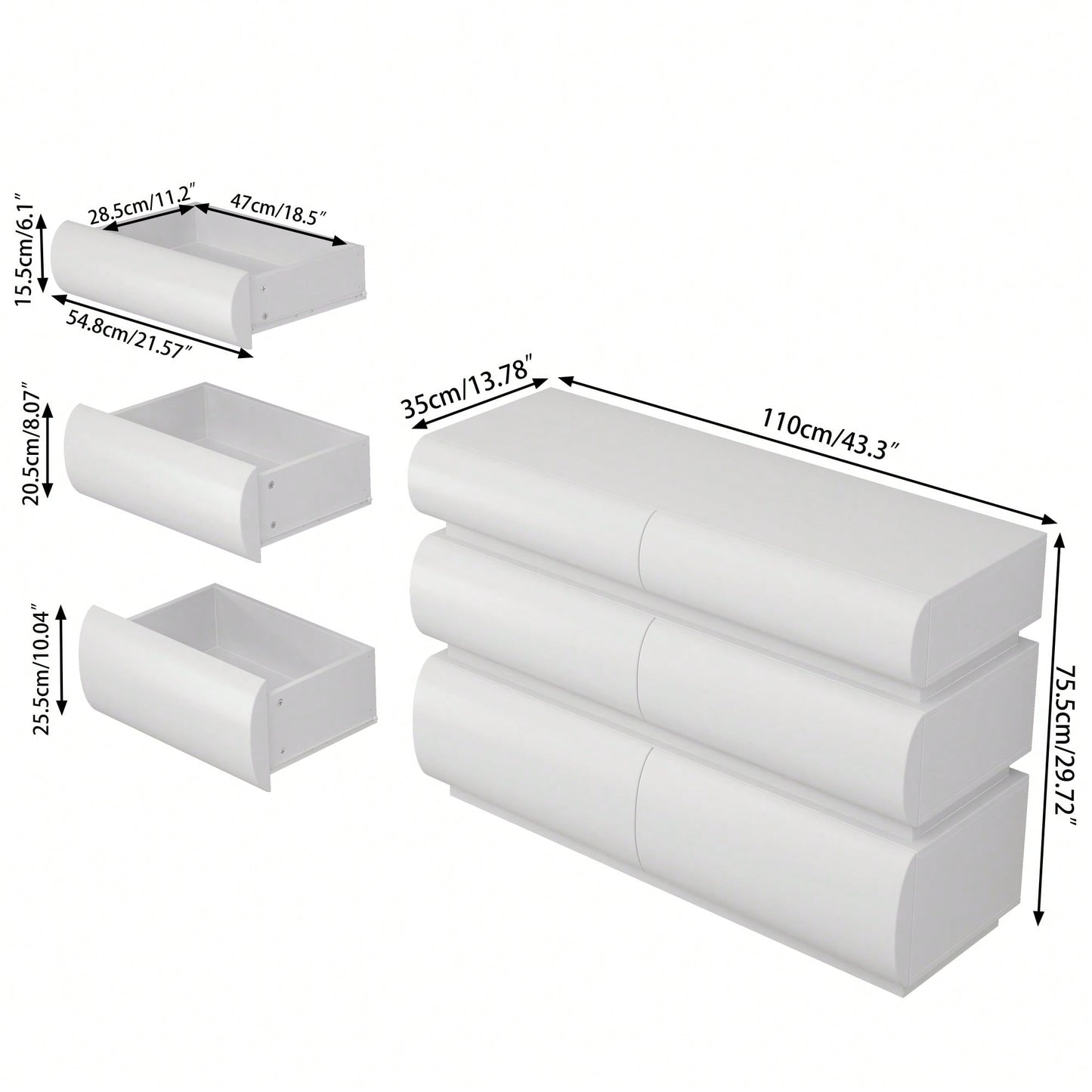 Modern White 6 Drawer Dresser For Bedroom No Handle Wide Storage Chest Of Drawers