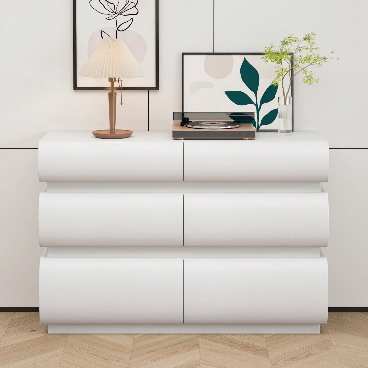 Modern White 6 Drawer Dresser For Bedroom No Handle Wide Storage Chest Of Drawers