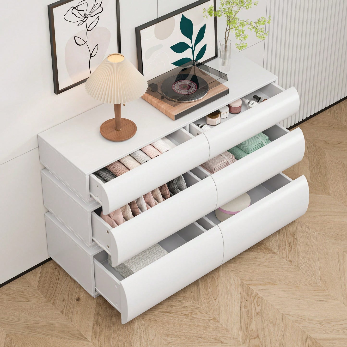 Modern White 6 Drawer Dresser For Bedroom No Handle Wide Storage Chest Of Drawers