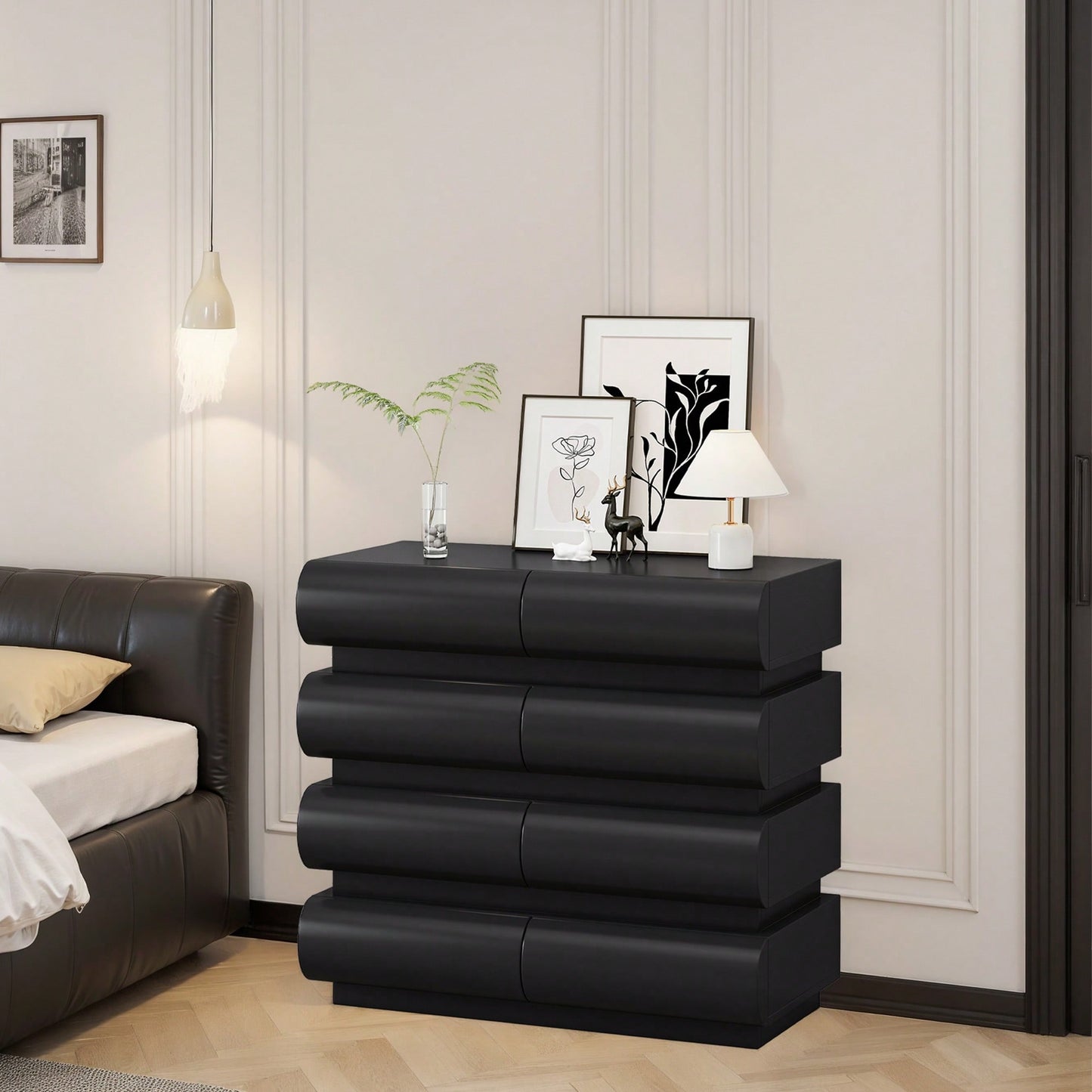 Modern Black 8 Drawer Dresser For Bedroom With No Handles - Spacious Chest Of Drawers For Stylish Storage