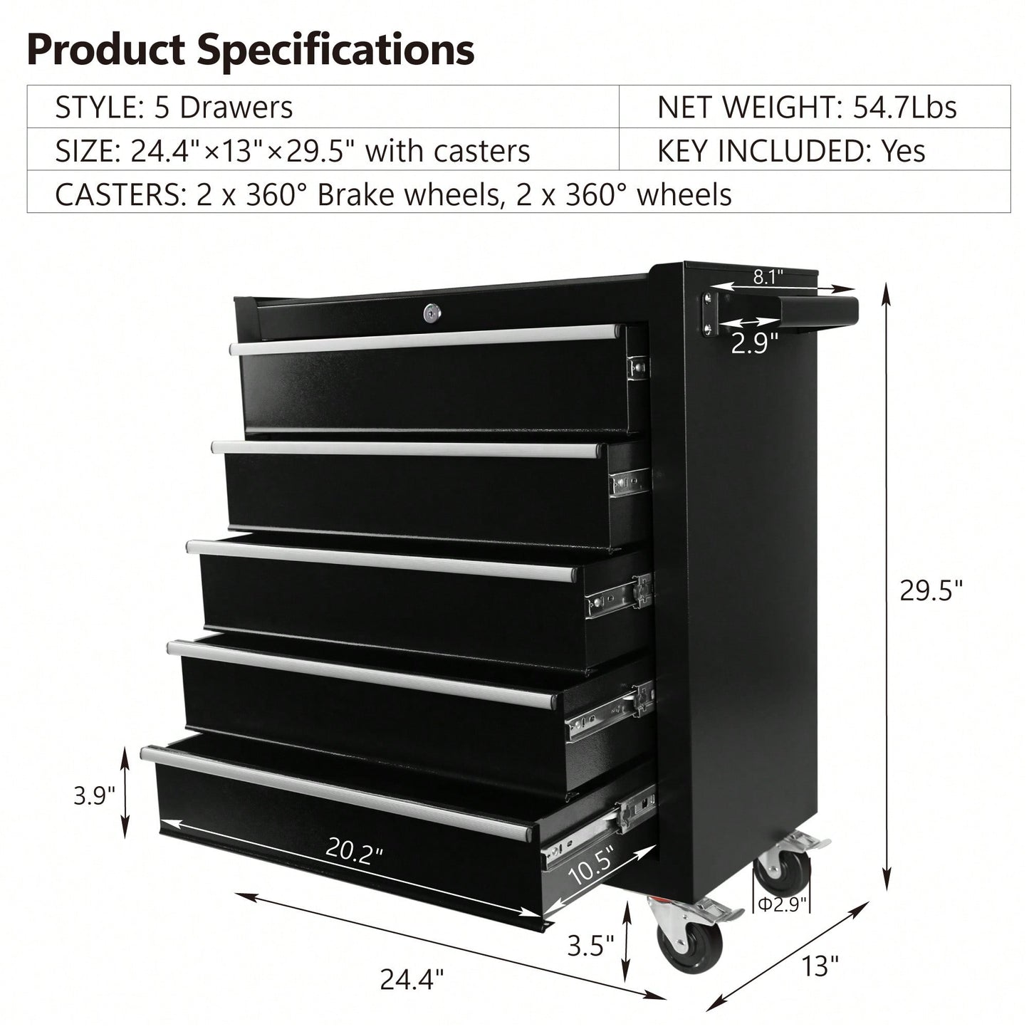 5 Drawer Rolling Tool Chest With Wheels Portable Organizer For Garage Workshop And Home Crafts