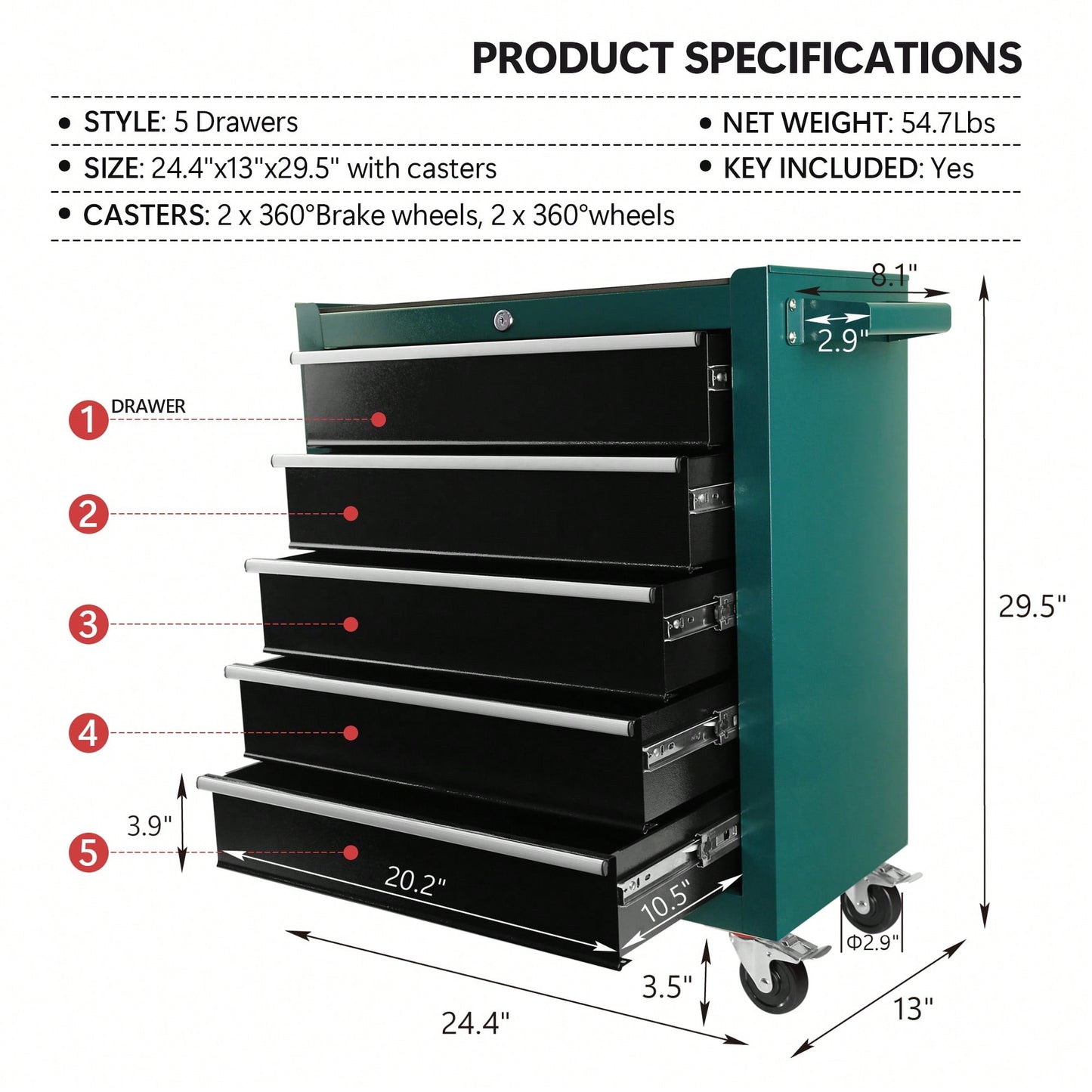 5 Drawer Rolling Tool Chest With Wheels Portable Organizer For Garage Workshop And Home Crafts