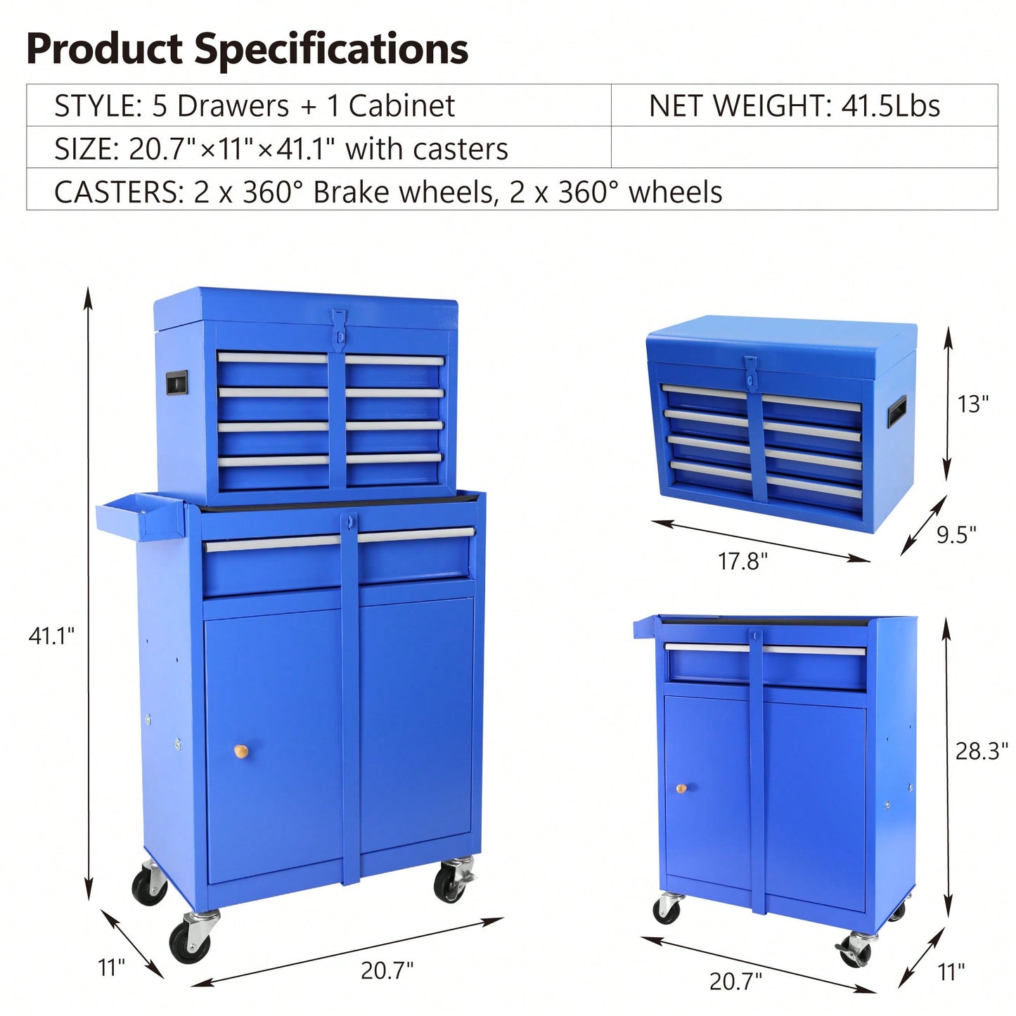 High Capacity 5-Drawer Rolling Tool Chest With Lockable Wheels Adjustable Shelf And Anti-Slip Liner Detachable Tool Box Organizer