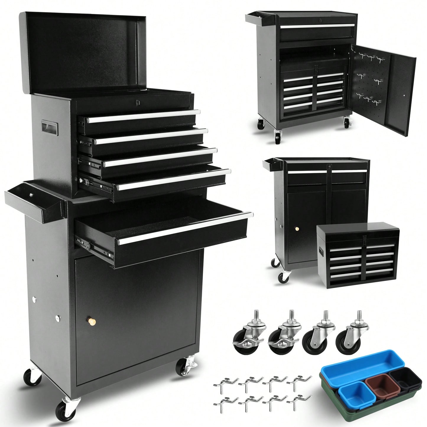 High Capacity 5-Drawer Rolling Tool Chest With Lockable Wheels Adjustable Shelf And Anti-Slip Liner Detachable Tool Box Organizer