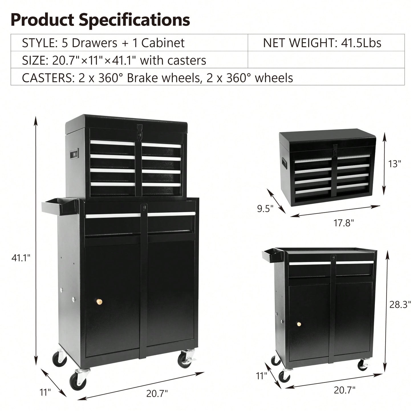High Capacity 5-Drawer Rolling Tool Chest With Lockable Wheels Adjustable Shelf And Anti-Slip Liner Detachable Tool Box Organizer