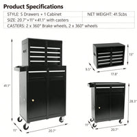 High Capacity 5-Drawer Rolling Tool Chest With Lockable Wheels Adjustable Shelf And Anti-Slip Liner Detachable Tool Box Organizer