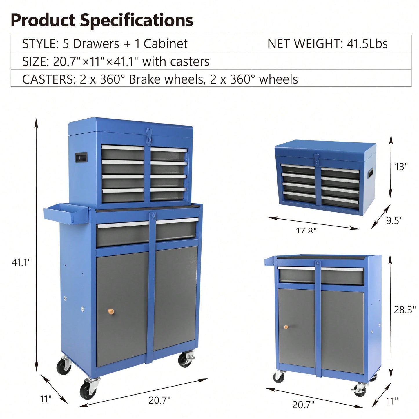 High Capacity 5-Drawer Rolling Tool Chest With Lockable Wheels Adjustable Shelf And Anti-Slip Liner Detachable Tool Box Organizer