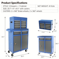 High Capacity 5-Drawer Rolling Tool Chest With Lockable Wheels Adjustable Shelf And Anti-Slip Liner Detachable Tool Box Organizer