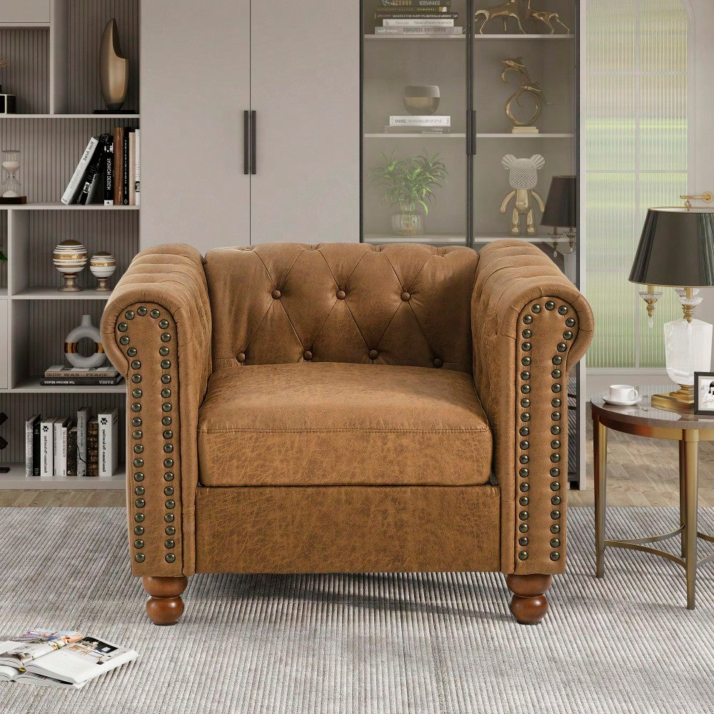 Luxurious Chesterfield Tufted Upholstered Sofa In Brown High-Tech Fabric For Classic Traditional Living Room Decor