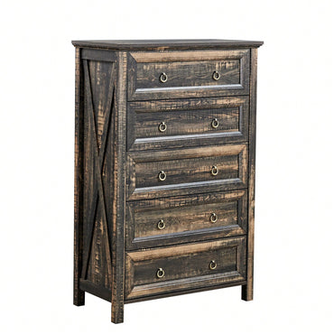 Rustic Tall Chest Of Drawers With 5 Storage Drawers For Bedroom Living Room Hallway In Dark Oak Finish