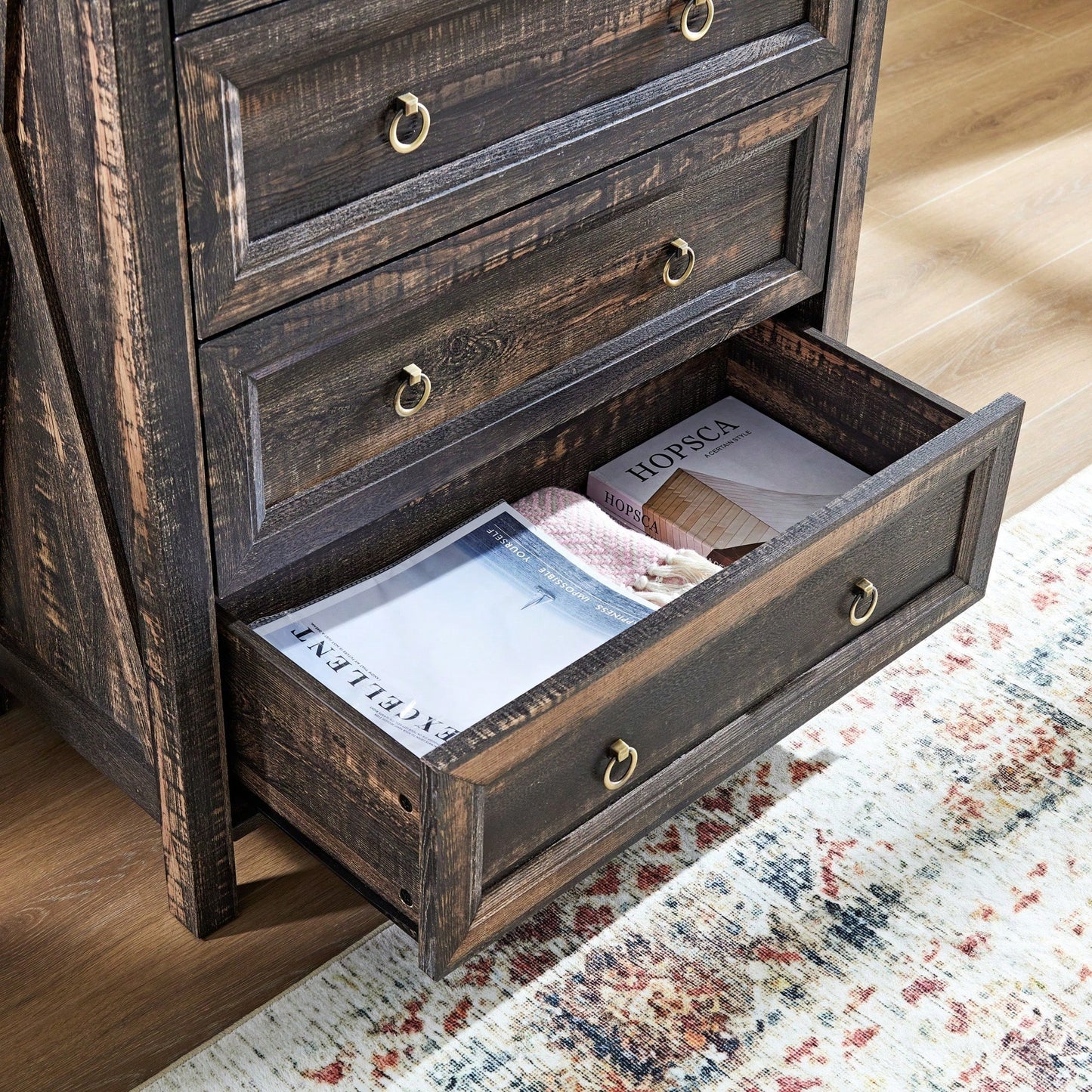 Rustic Tall Chest Of Drawers With 5 Storage Drawers For Bedroom Living Room Hallway In Dark Oak Finish